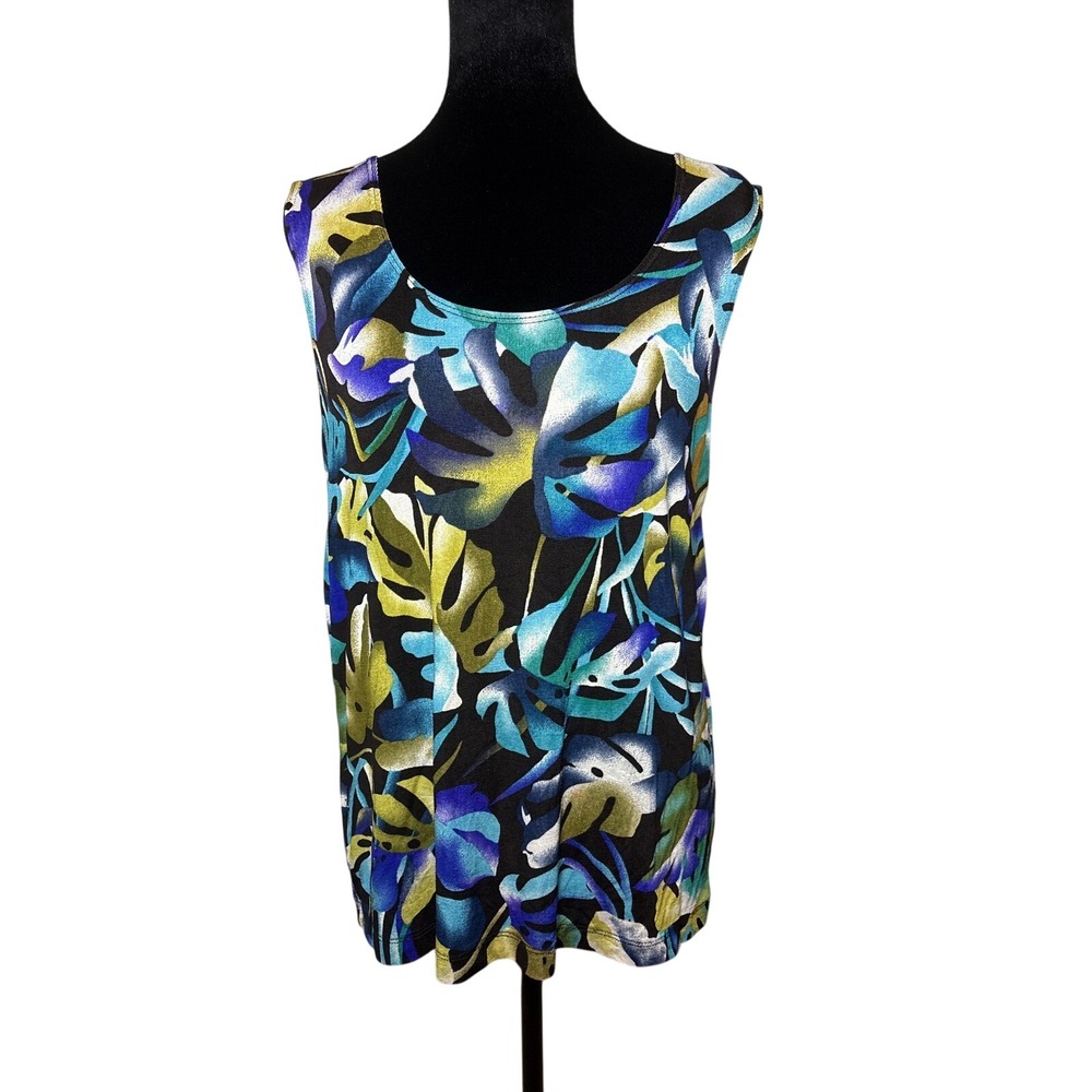 Chico's Travelers Size 3 Tropical Leaf Print Tank Top Scoop Neck Blue‎ Green